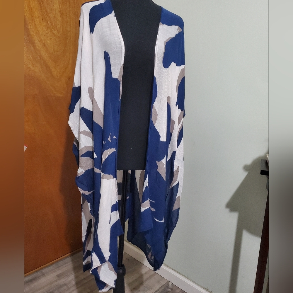 Breezy Lane Blue White Kimono Cover Up One Size Boho Beach Duster Lightweight
